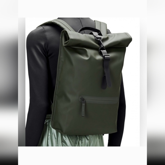 Rains Handbags - RAINS Rolltop Rucksack Olive Green Waterproof Laptop Travel Bag Backpack NWT